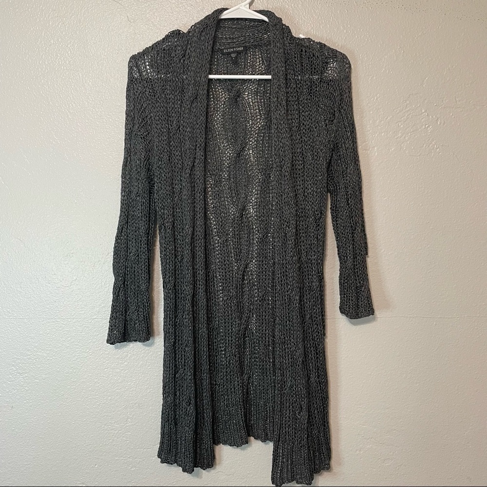 Eileen Fisher Gray Longlined Open Cardigan Loose Knit​​​​​